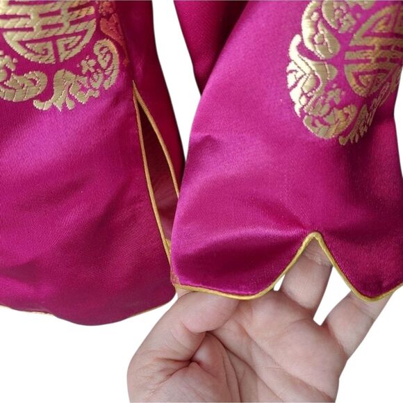Chinese Tang Cheongsam Magenta Gold Jacket Frog Buttons Mandarin Collar Sz M - Picture 9 of 15